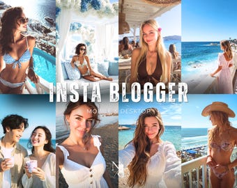 May include: A collage of images featuring people in various settings, including a beach, a pool, and a restaurant. The text "INSTA BLOGGER MOBILE & DESKTOP" is overlaid on the images. The images showcase travel and lifestyle themes.