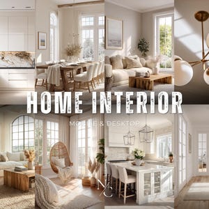 以下が含まれることがあります： さまざまな部屋を紹介するインテリアデザイン画像のコラージュ。シーンには、キッチン、ダイニングルーム、リビングルーム、廊下が含まれます。「HOME INTERIOR」と「MOBILE & DESKTOP」のテキストが重ねられています。カラーパレットは、自然光を使用したニュートラルです。