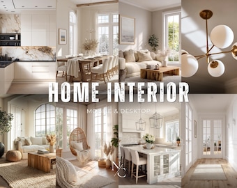 May include: A collage of interior design images showcasing various rooms. The scenes include a kitchen, dining room, living room, and a hallway. The text "HOME INTERIOR" and "MOBILE & DESKTOP" are overlaid on the image. The color palette is neutral with natural light.