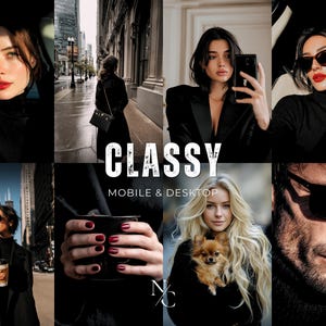 May include: A collage of images featuring people in stylish black clothing and accessories. The word "CLASSY" is displayed in large white letters, with "MOBILE & DESKTOP" below. The images include a woman with red lipstick and a dog.