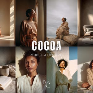 May include: A collection of images with a warm, neutral colour scheme. The word "COCOA" is displayed in large white letters, with "MOBILE & DESKTOP" below. The images feature people in various settings, wearing neutral-toned clothing.