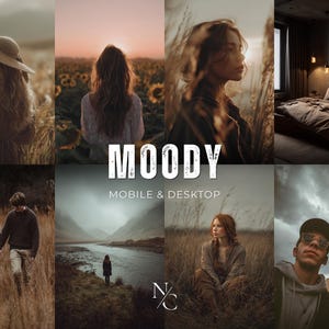 Könnte beinhalten: Eine Collage von acht Bildern mit einer stimmungsvollen Ästhetik. Die Bilder zeigen Menschen in der Natur, ein Schlafzimmer und ein Paar. Das Wort "MOODY" wird in großem weißen Text angezeigt, darunter "MOBILE & DESKTOP". Die Bilder haben eine warme, gedämpfte Farbpalette.
