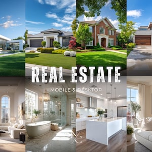 May include: A collage showcasing various real estate properties, including modern homes with expansive windows and traditional brick houses with manicured lawns. The image also features interior shots of living rooms, kitchens, and bathrooms. Text overlay: "REAL ESTATE MOBILE & DESKTOP."