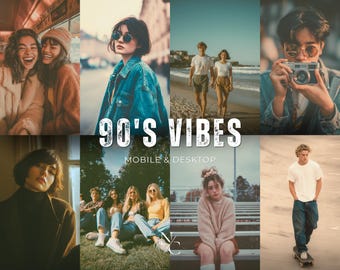 Könnte beinhalten: Eine Collage von Bildern mit Vintage-Ästhetik, die an die 90er Jahre erinnern. Die Bilder zeigen Menschen in lässiger Kleidung, darunter Jeansjacken, T-Shirts und Sonnenbrillen. Der Text "90'S VIBES" ist prominent dargestellt, zusammen mit "MOBILE & DESKTOP".