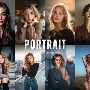 以下が含まれることがあります： さまざまな髪型と服装の若い女性のポートレート8枚のコラージュ。「PORTRAIT」の文字が大きな白い文字で表示され、その下に「MOBILE & DESKTOP」と表示されています。画像はさまざまな環境とムードを示しています。