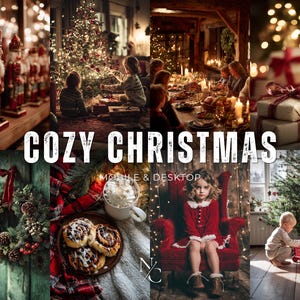 May include: A festive collage with a 'Cozy Christmas' theme. Images include a decorated tree, family at a meal, wrapped presents, a wreath, cinnamon rolls, a child in a red dress, and a child with a red wagon. Text reads "COZY CHRISTMAS".