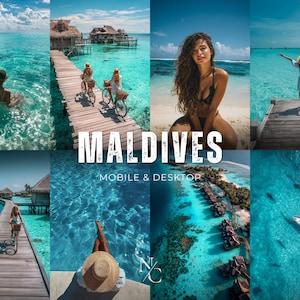 Puede incluir: Un collage de imágenes que muestran las Maldivas. Las escenas incluyen personas en el agua turquesa, montando en bicicleta en un muelle de madera y relajándose en la playa. La palabra "MALDIVES" se muestra en letras blancas grandes, con "MOBILE & DESKTOP" debajo.