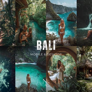 以下が含まれることがあります： バリの熱帯の風景と人々をフィーチャーした画像のコラージュ。「BALI」の文字が大きく表示され、「MOBILE & DESKTOP」も表示されています。シーンには、緑豊かな森林、ビーチ、滝、人々が含まれています。