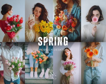 Puede incluir: Un collage de imágenes con personas sosteniendo ramos de flores coloridas. La palabra "SPRING" se muestra en letras blancas grandes. La frase "MOBILE & DESKTOP" también es visible. Las flores incluyen tulipanes, narcisos y gerberas.