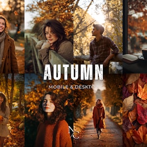Puede incluir: Un collage de imágenes con temática otoñal. La imagen central presenta la palabra "AUTUMN" en letras blancas, con "MOBILE & DESKTOP" debajo. Otras imágenes muestran personas con ropa de otoño, café y hojas coloridas.