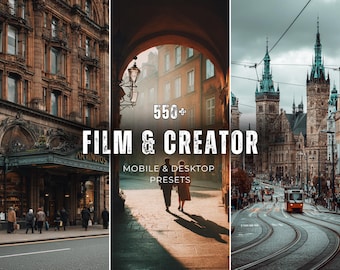 May include: A triptych image featuring architectural scenes and text. The central panel shows a couple walking under an archway. The text reads "550+ FILM & CREATOR MOBILE & DESKTOP PRESETS". The other panels show buildings and cityscapes.