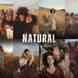 Op de afbeelding: Een collage van lifestylefoto's met een warme, natuurlijke uitstraling. De afbeeldingen tonen mensen in buitenomgevingen, waaronder stellen, vrienden en families. Het woord "NATURAL" wordt in grote witte letters weergegeven, samen met "MOBILE & DESKTOP".