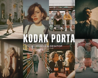 Könnte beinhalten: Eine Collage von Lifestyle-Bildern mit Vintage-Ästhetik. Der zentrale Text lautet "KODAK PORTA MOBILE & DESKTOP". Die Bilder zeigen Menschen in verschiedenen Umgebungen: einer Stadtstraße, einem Supermarkt und einem Café.