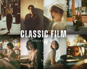 May include: A collage of images with a vintage aesthetic, featuring people in various settings. The text "CLASSIC FILM" is prominently displayed, along with "MOBILE & DESKTOP" and "NYC". The images have a warm, nostalgic color palette.