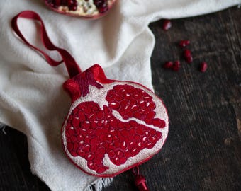 Embroidered Velvet Pomegranate Ornament, Key Ring, Bag Charm