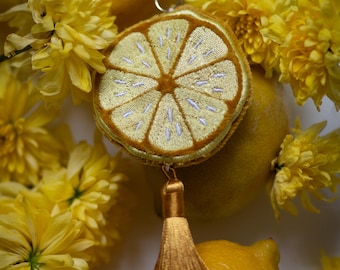 Embroidered Velvet Lemon Ornament, Key Ring, Bag Charm