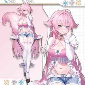 May include: Anime-style illustration of a character with pink hair and blue eyes. The character wears a pink top, denim shorts, and white stockings with pink bows. A long, fluffy pink tail and a small table are also present.