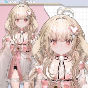 以下が含まれることがあります： 長いウェーブのかかったブロンドの髪とピンクの目をした2人のアニメ風のキャラクター。白いとピンクの衣装に、装飾的なリボンとハート型のアクセサリーを身に着けています。キャラクターはウサギの耳のような特徴を持っています。
