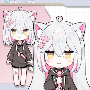 Puede incluir: Ilustración de estilo anime de un personaje con cabello blanco, orejas de gato y acentos rosados. El personaje lleva una sudadera con capucha gris oscuro y pantalones cortos negros, sosteniendo un micrófono rosa. También hay una versión más pequeña del personaje.