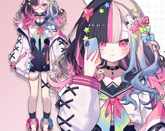 Puede incluir: Ilustración de estilo anime de un personaje con cabello bicolor negro y blanco, ojos rosados y gafas. El personaje lleva una chaqueta blanca con detalles negros, un vestido negro y blanco y accesorios coloridos. El personaje sostiene un smartphone.