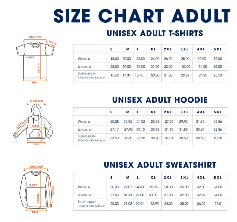 Pu&ograve; includere: Tabella delle taglie per t-shirt, felpe con cappuccio e felpe unisex per adulti. Include misure di larghezza, lunghezza e lunghezza manica in cm per taglie dalla S alla 5XL. I diagrammi illustrano le misurazioni.