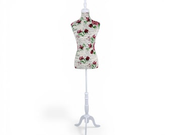Red Floral Female Mannequin Torso with Adjustable Wooden Stand