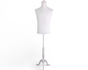 Male White Lace Mannequin Torso with Adjustable Wooden Tripod Stand