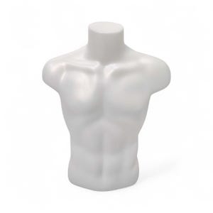 May include: A white male torso mannequin, displaying the upper body with defined pectoral muscles and a smooth, glossy finish. The mannequin includes a neck and shoulders, designed for displaying clothing.