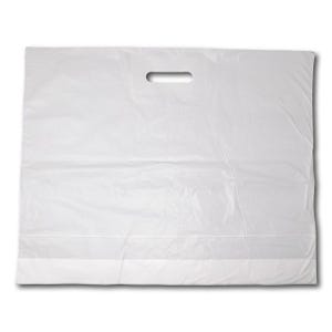 May include: A white plastic carrier bag with a cut-out handle at the top. The bag is rectangular and has a seam across the bottom. The plastic material is slightly translucent, and the bag is empty.
