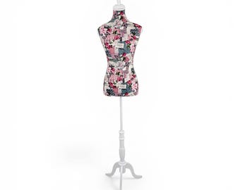 Pink Floral Female Mannequin Torso with Adjustable Wooden Stand
