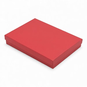May include: A rectangular, red gift box with a matching lid. The box is made of a matte material and sits on a white background. The box is empty and ready to be filled with a gift.