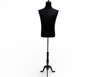 Black Velvet Male Mannequin Torso with Adjustable Wooden Stand