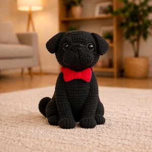 Patrón de crochet para perro Pug, Amigurumi Pug Negro en PDF, Tutorial de peluche realista para cachorro, Patrón de crochet para animales
