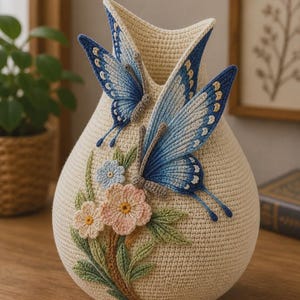 Puede incluir: Un jarrón de ganchillo color crema con dos grandes apliques de mariposas azules. El jarrón presenta un diseño floral con flores rosas, azules y amarillas. Un artículo decorativo perfecto para añadir un toque de encanto artesanal.