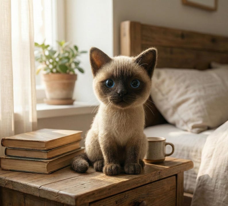 May include: A Siamese cat with striking blue eyes sits on a wooden nightstand next to a stack of books and a coffee mug. The cat has a light brown body with darker brown markings on its face, ears, and paws. A potted plant sits in the background.