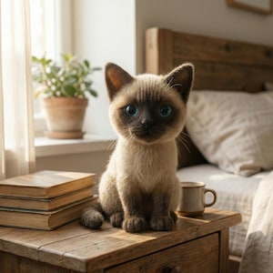 May include: A Siamese cat with striking blue eyes sits on a wooden nightstand next to a stack of books and a coffee mug. The cat has a light brown coat with darker brown markings on its face, ears, and paws. A potted plant is visible in the background.