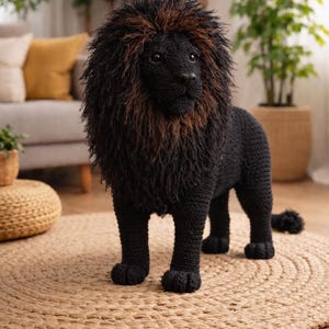 May include: A handcrafted, black crochet lion sculpture with a brown mane. The lion is standing on a round, woven jute rug. The sculpture has detailed paws and a fluffy tail, showcasing a unique home decor item.