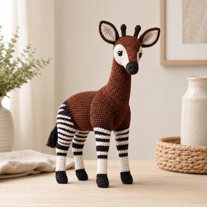 May include: A handcrafted crochet okapi figurine featuring a rich brown body, a white face, and black and white striped legs. The animal has dark, pointed ears with white inner details, small ossicones on its head, and a short black tail.