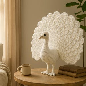 May include: A handcrafted, white crochet peacock sculpture with a large, fan-shaped tail. The bird stands on two feet and has a detailed head and beak. A small, beige mug sits on a round wooden table, alongside two stacked books.