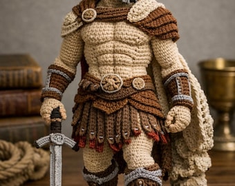Wzór na szydełkowego wojownika spartańskiego, amigurumi rzymskiego żołnierza w formacie PDF, samouczek na lalkę gladiatora, wzór na szydełkowego wojownika, pobieranie cyfrowe