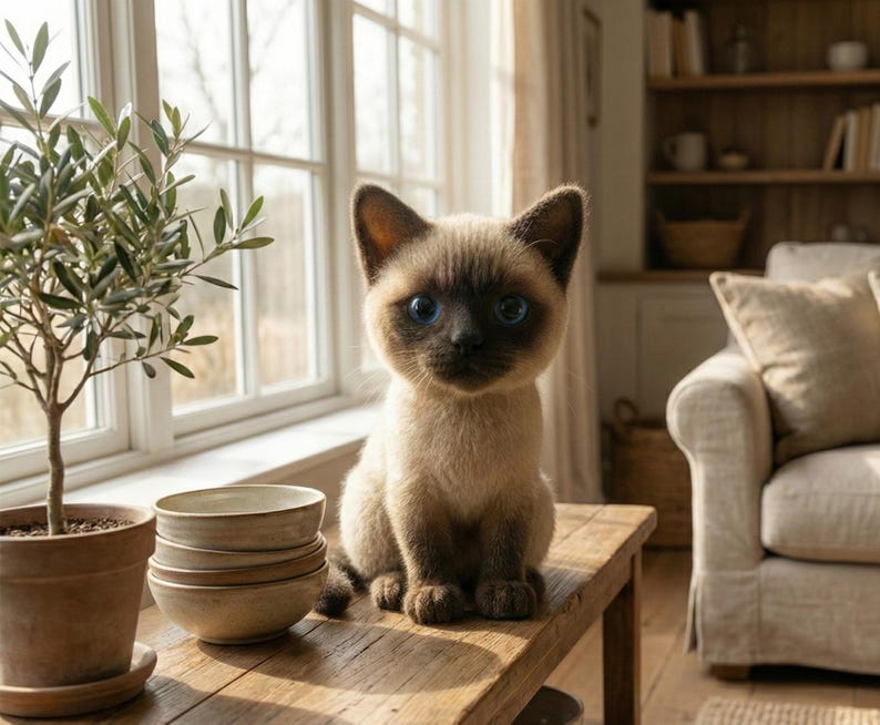 May include: A Siamese cat with blue eyes sits on a wooden table. The cat has a light brown body with darker brown points on its face, ears, and paws. Beside the cat are stacked beige bowls and a potted olive tree. A window and a beige sofa are in the background.