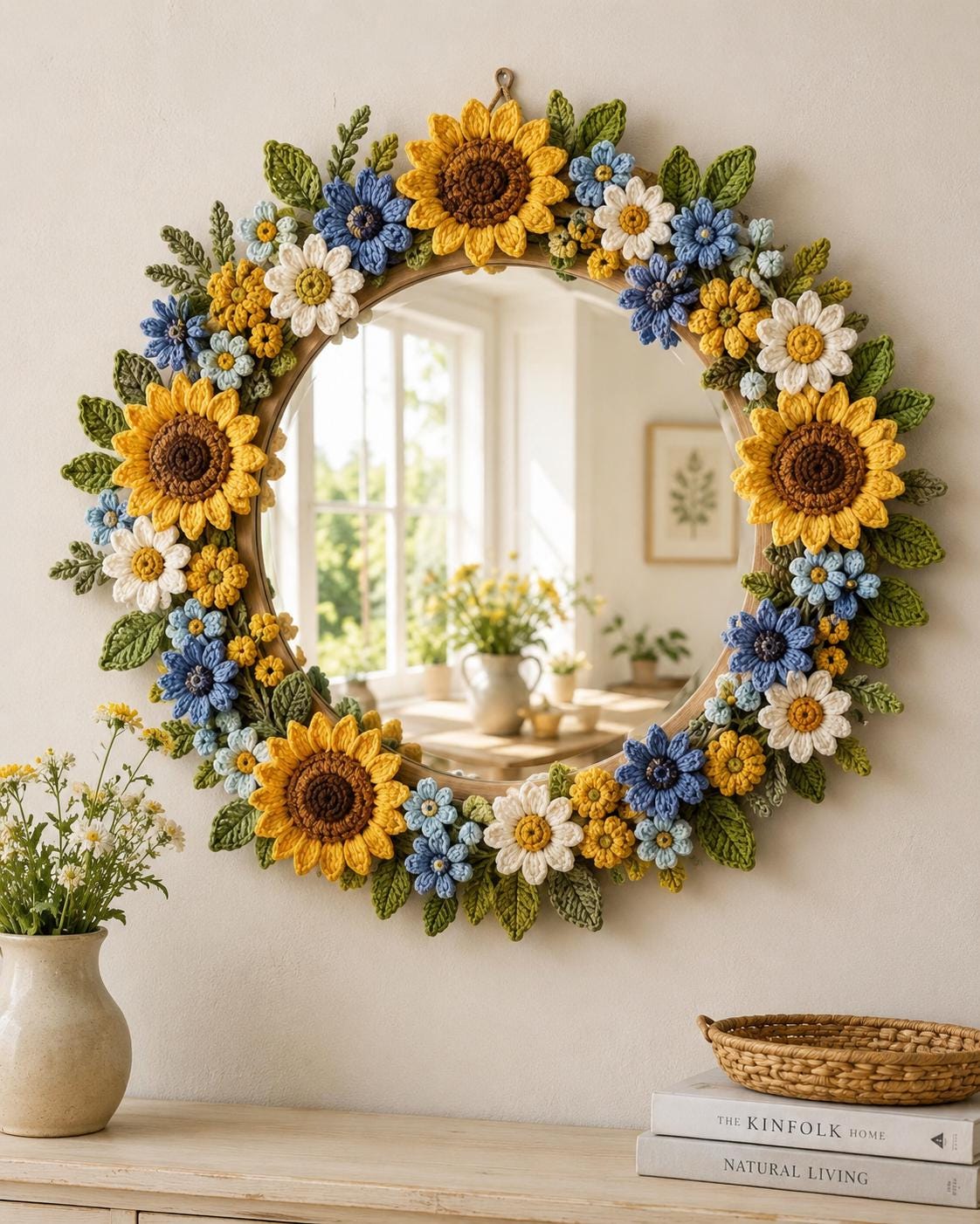 30 Framed Crochet Wall Art Patterns for Stylish, Handmade Decor 18 Floral Mirror Wreath with Sunflowers and Daisies