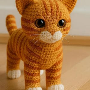 Può includere: Un gatto all'uncinetto arancione e bianco fatto a mano con un motivo a righe e grandi occhi neri. Il gatto ha muso e zampe bianche e si trova su una superficie di legno. Un oggetto decorativo.