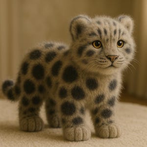 Op de afbeelding: Een handgemaakt sneeuwluipaardjong van pluche, met een lichtgrijs lichaam en donkergrijze vlekken. Het jong heeft grote, expressieve gele ogen en staat op een crèmekleurig oppervlak. Het knuffel is ontworpen om op een echt sneeuwluipaardjong te lijken.