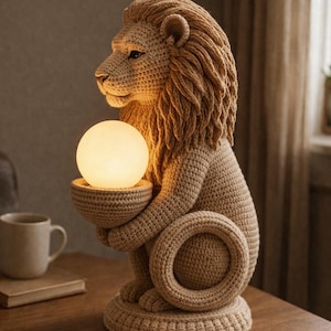 Puede incluir: Lámpara de león de ganchillo beige, sosteniendo un globo brillante. El león tiene una melena detallada y se asienta sobre una base redonda. La lámpara está sobre una superficie de madera, con una taza y un libro en el fondo.