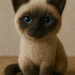 May include: A Siamese kitten with striking blue eyes and a brown and cream coat. The kitten is sitting upright, showcasing its distinctive dark brown ears, paws, and face markings. The image is a close-up, highlighting the kitten's soft fur.