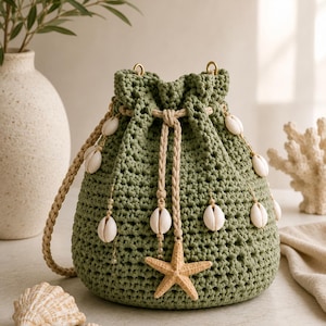 Crochet Bucket Bag Pattern: Sage Tide Drawstring Closure, Coastal Shell Accents, Braided Strap PDF