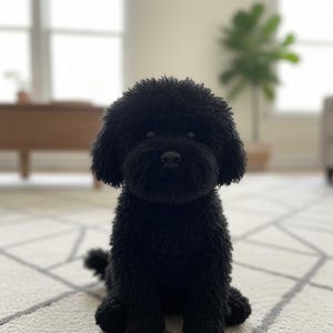 Può includere: Un giocattolo a forma di cane nero in peluche, con un pelo riccio e strutturato. Il giocattolo è seduto in posizione eretta su un tappeto fantasia, con un'espressione concentrata. Il cane ha un piccolo naso e occhi scuri. Lo sfondo è sfocato.