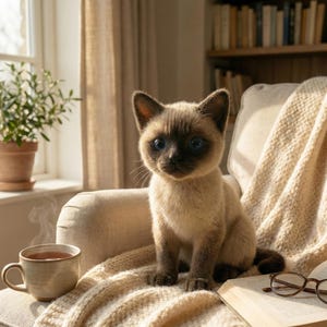 May include: A Siamese cat with blue eyes sits on a cream-colored armchair, next to a cup of tea and an open book with eyeglasses. A knitted blanket drapes over the chair. A potted plant sits in front of a window, and a bookshelf is in the background.