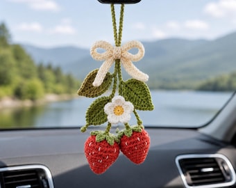 Strawberry Rearview Mirror Charm Crochet Pattern, Amigurumi Car Ornament PDF